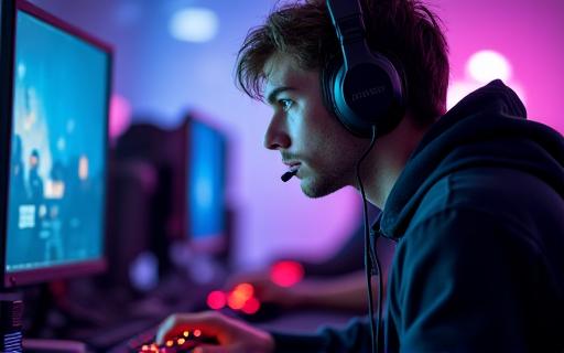 Professional esports player in a gaming headset concentrating during a competition, highlighting the rise of local esports