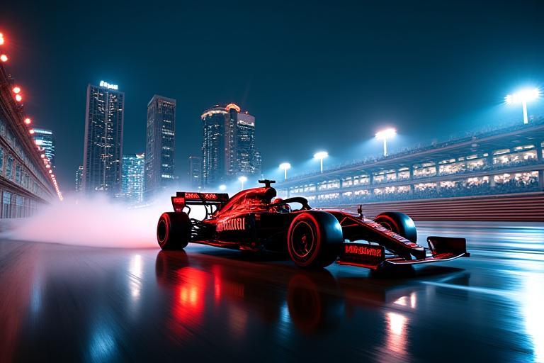 Formula 1 car racing under the lights in Singapore at night