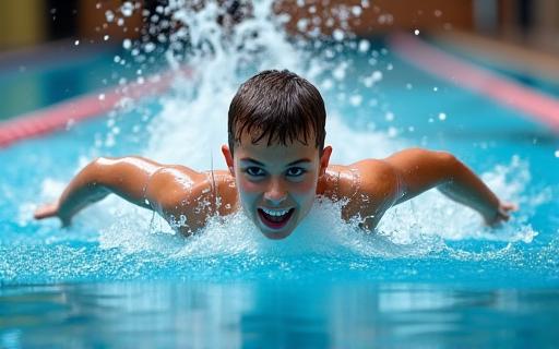 Young swimmer performing a butterfly stroke in a pool, signifying inspiration