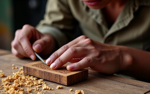 Artisan meticulously crafting a traditional Malay wooden object, symbolizing cultural revival