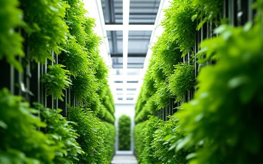 Vertical garden racks filled with lush plants in an innovative urban farm setting in Singapore