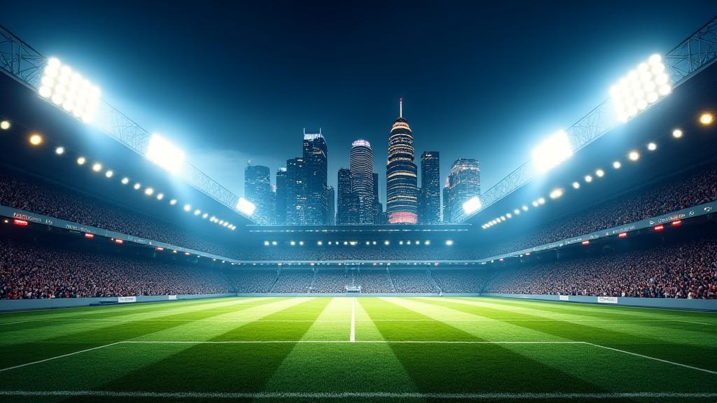 Dynamic shot of a football match under stadium lights with Singapore city skyline in the background, showing vibrant sports action.